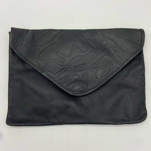 Vintage Barganza Black Embossed Leather Envelope Clutch